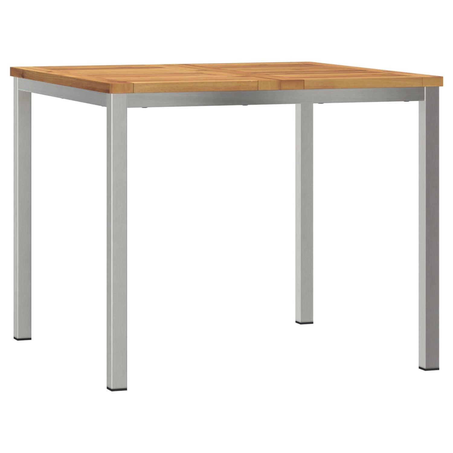 Quadratischer Gartentisch aus Akazienholz und Stahl, Teil des 5-teiligen Garten-Esssets.