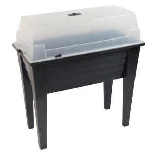 Anthrazitfarbenes Kunststoff-Hochbeet mit transparenter Abdeckhaube, ideal für Gemüse und Kräuter.