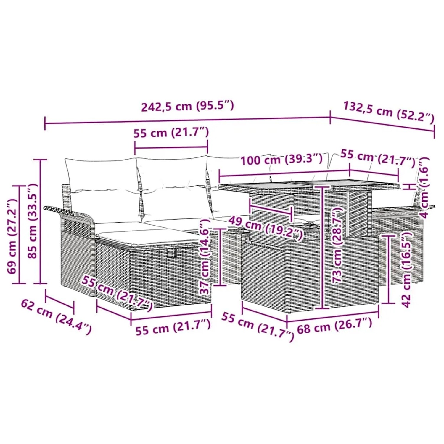 Graues 7-teiliges vidaXL Garten-Sofa-Set aus Poly Rattan mit Kissen und Stauraum.