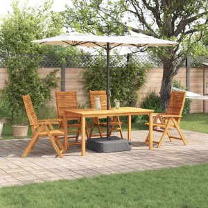vidaXL Garten Essgruppe aus Akazienholz, 5-teilig, braun, mit Tisch, Stühlen und Sonnenschirm.