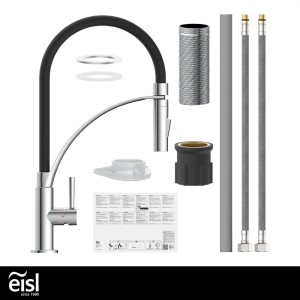 Eisl Spültischarmatur Carneo Chrom-Schwarz mit flexiblem Soft-Touch Schlauch, Geschirrbrause und Montagezubehör.