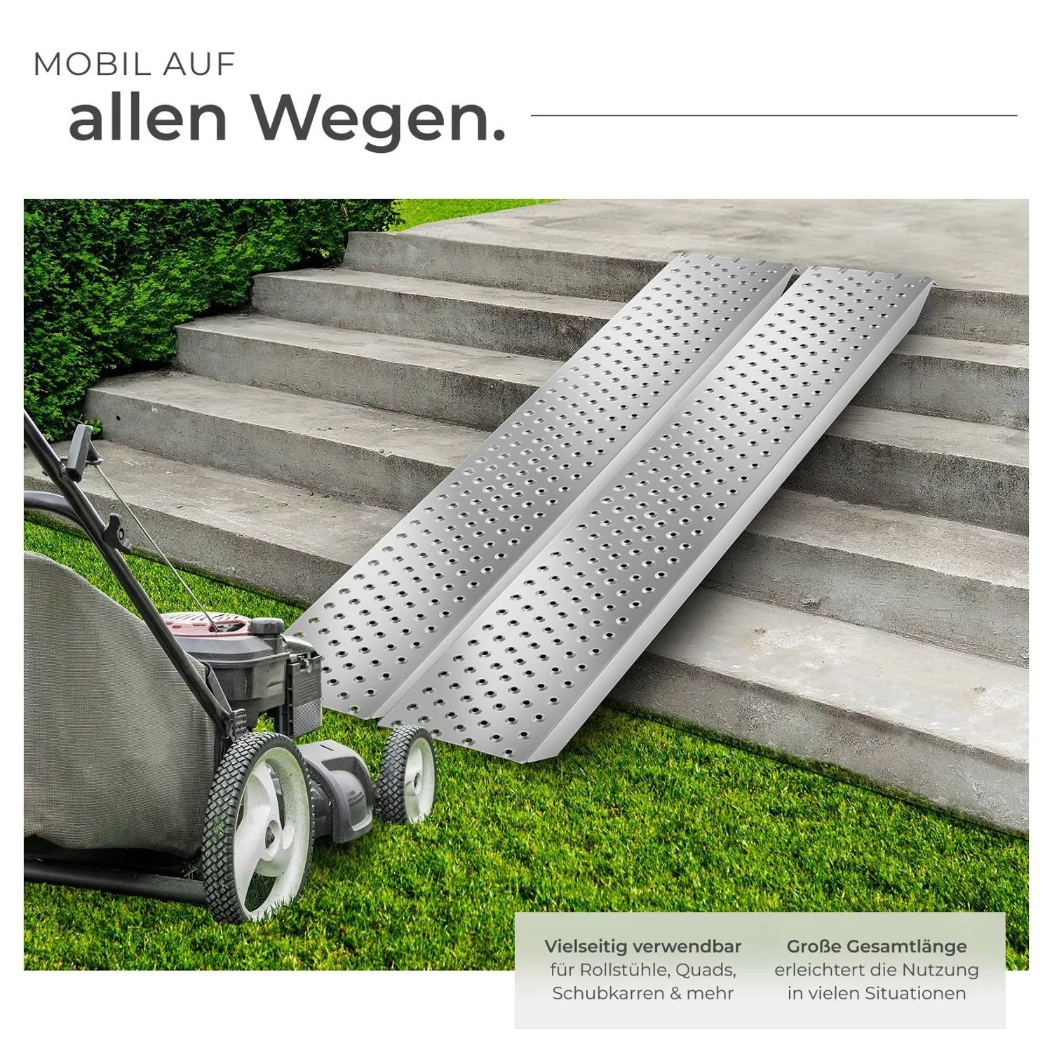 2er Set Tectake Auffahrrampen aus Stahl, silberfarben, für Autoanhänger und Gartengeräte.