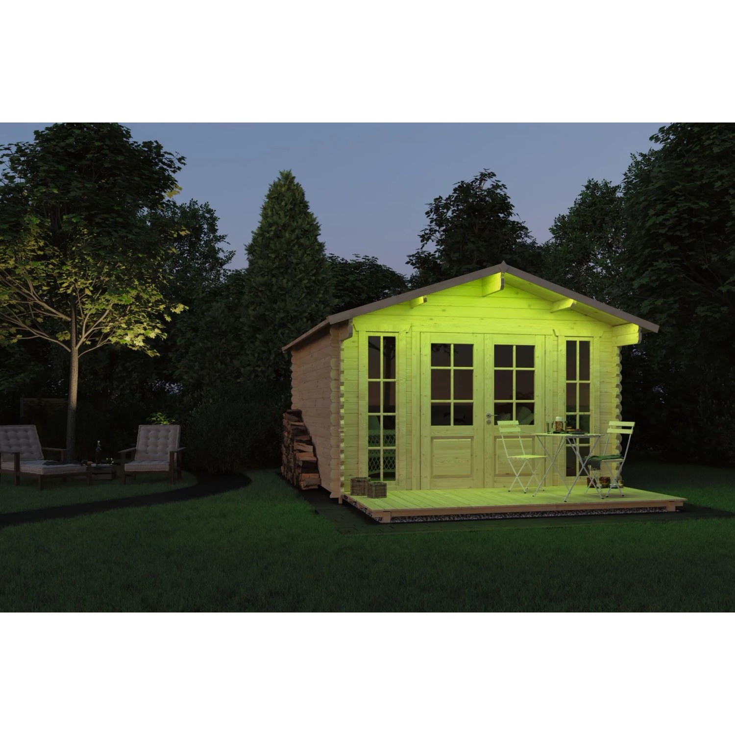 Beleuchteter Holzgarten mit Paulmann SimpLED RGB LED Streifen, 5m, transparent.