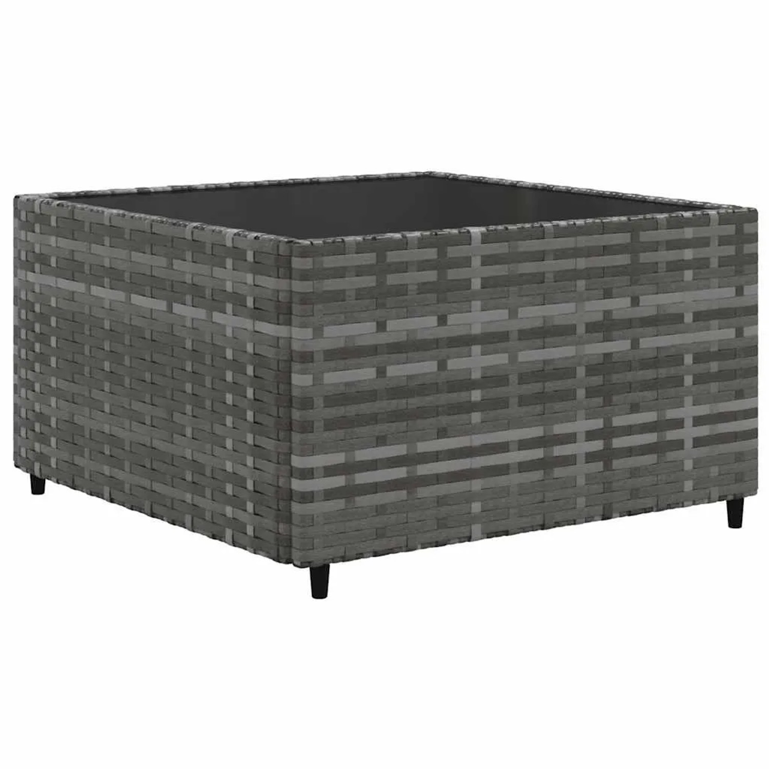 Grauer vidaXL Couchtisch aus Polyrattan mit Glasplatte für Garten-Lounge-Set.