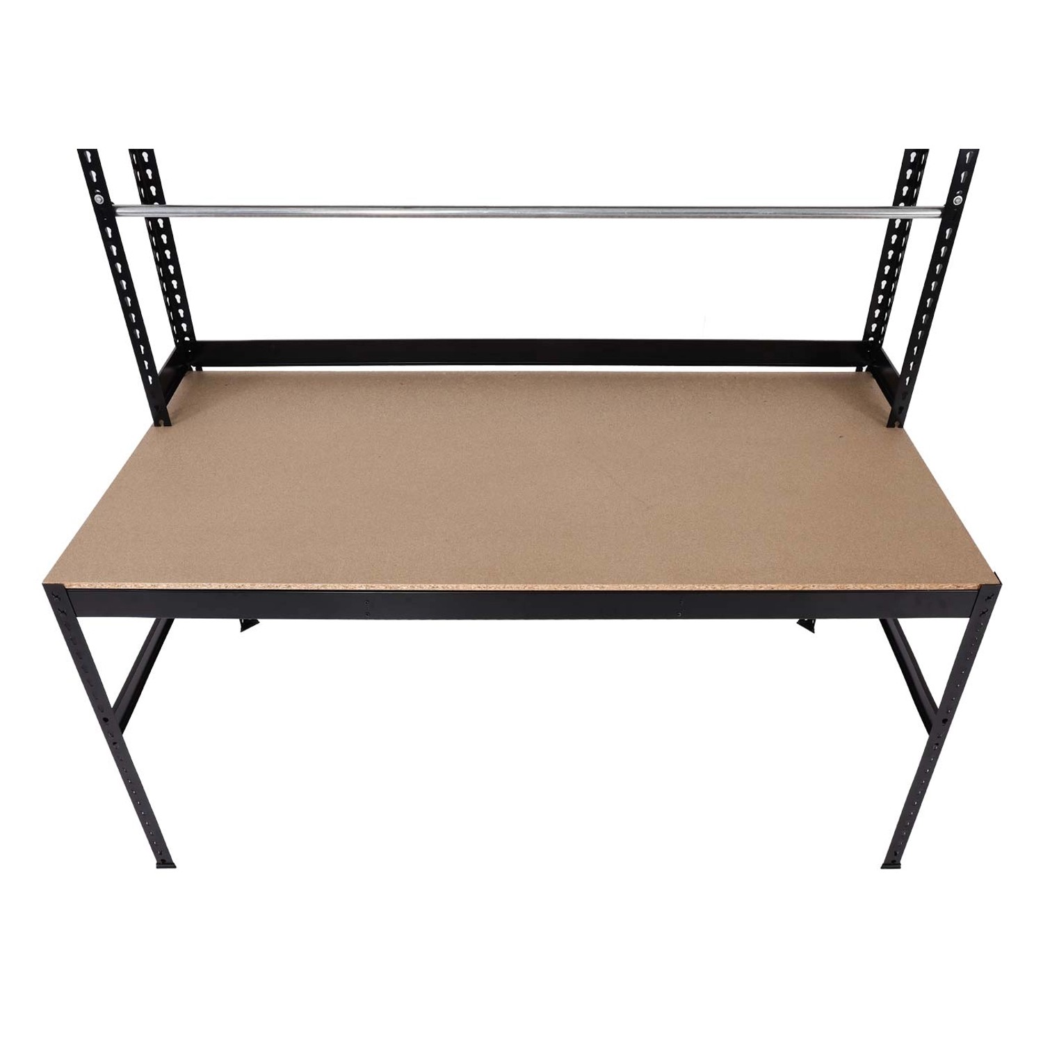 Schwarze MCW Packstation J84 aus Stahl mit Ablagefläche und Rollenhalter, 183x183x90cm.