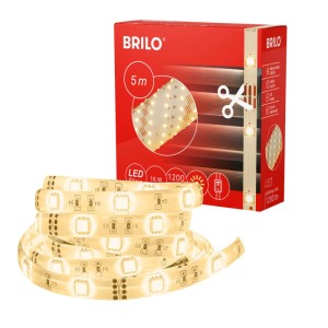 Brilo LED-Strip, 5 m, warmweiß, mit Kabelschalter und Verpackung.