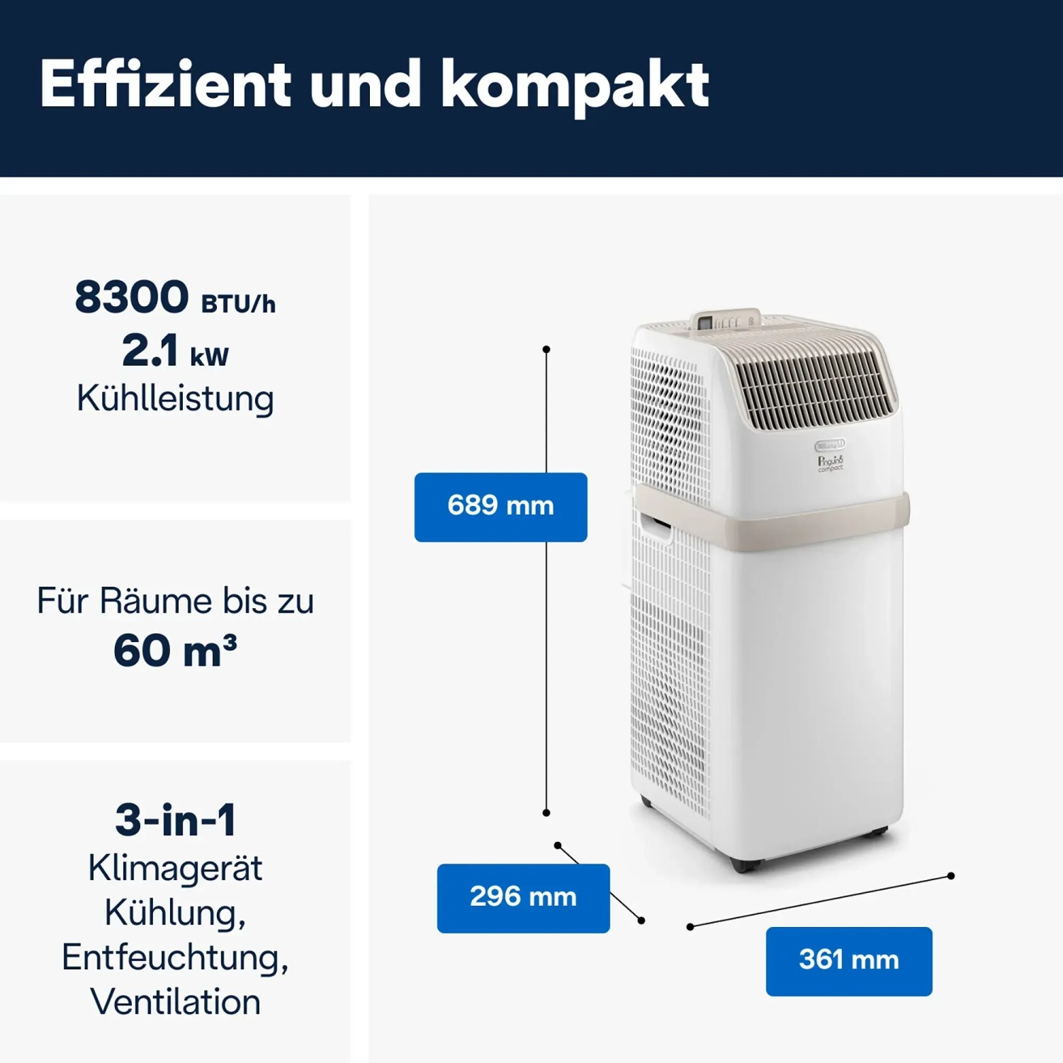 DeLonghi Pinguino Compact Klimagerät PAC ES72, weiß, mit Maßangaben.