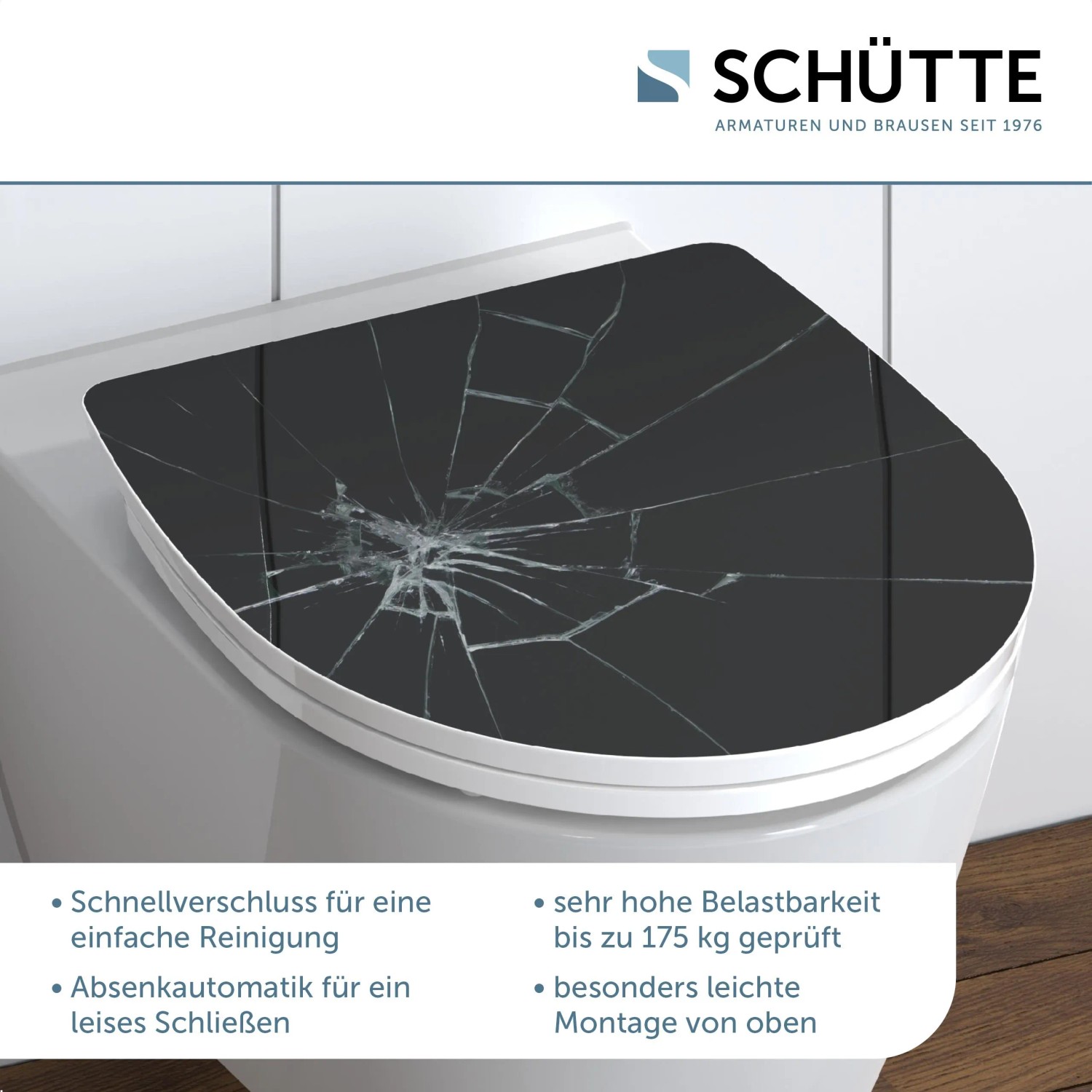 Schütte WC-Sitz Broken Glass mit Absenkautomatik und Schnellverschluss auf WC-Becken.