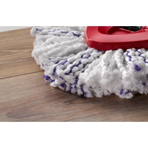 Vileda 3-in-1 Ersatzkopf Turbo Microfibre für Reinigungsgeräte, weisse Microfaser mit lila Akzenten und roter Halterung.