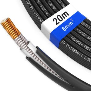 Schwarzes 20m hb-digital Solarkabel 6mm² für Solaranlagen, Querschnitt sichtbar.
