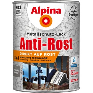Dunkelgraue Alpina Metallschutz-Lack Dose mit Hammerschlag-Effekt und Anti-Rost Formel.