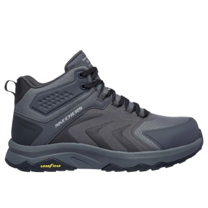 Dunkelgrauer Skechers Nordown Speed-Flex Trekker S3S Arbeitsschuh, knöchelhoch, mit rutschhemmender Goodyear Laufsohle.