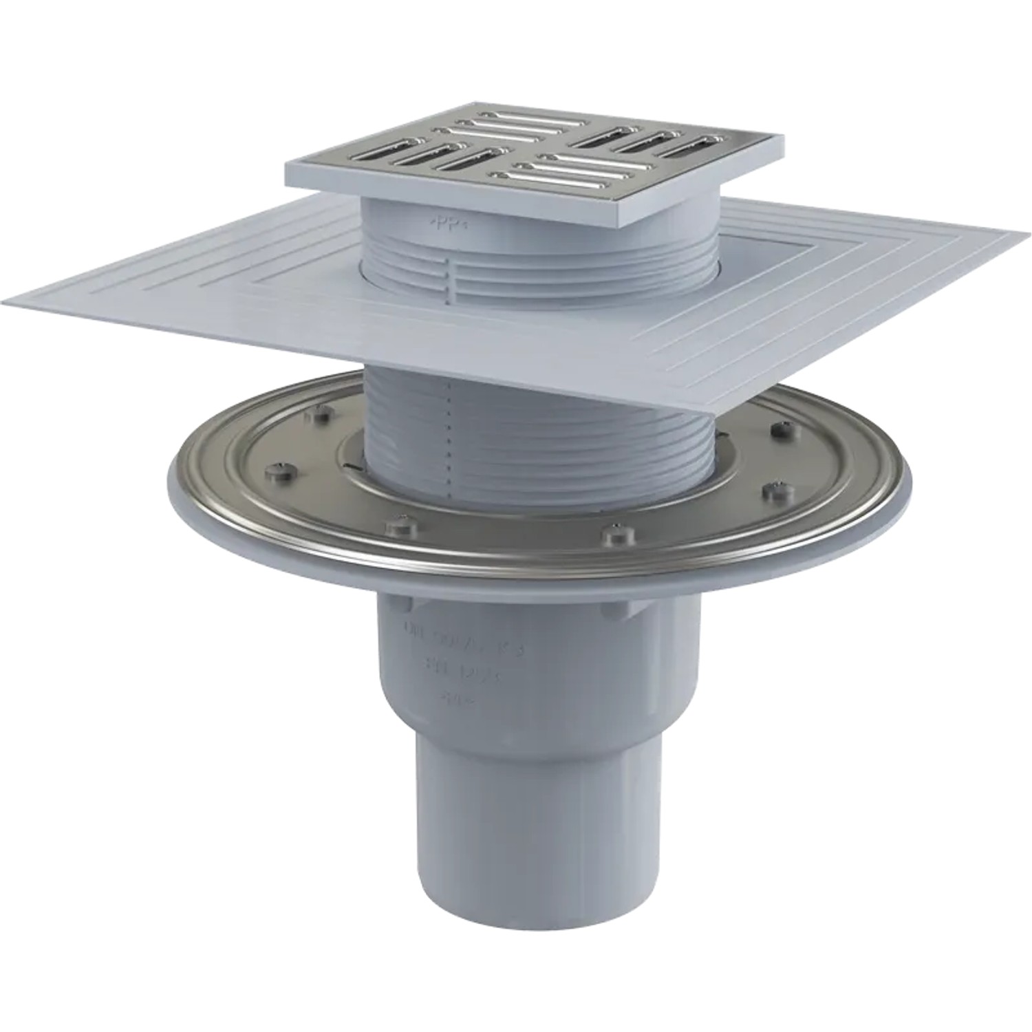 AlcaDrain Bodenablauf 105x105 mm 50/75 mm senkrechter Abgang, Edelstahlrost, Dichtungsflansch, Manschette 2. Abdichtung, Kombi-Geruchsverschluss SMART