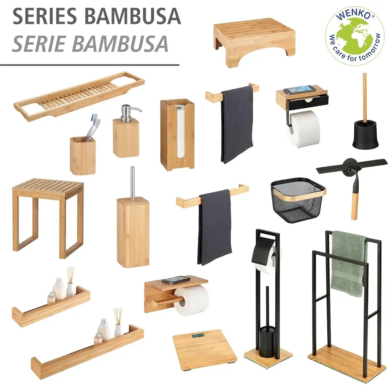 Wenko Bad-Accessoires der Serie Bambusa: WC-Garnitur, Badregal, Handtuchhalter und mehr aus Bambus.