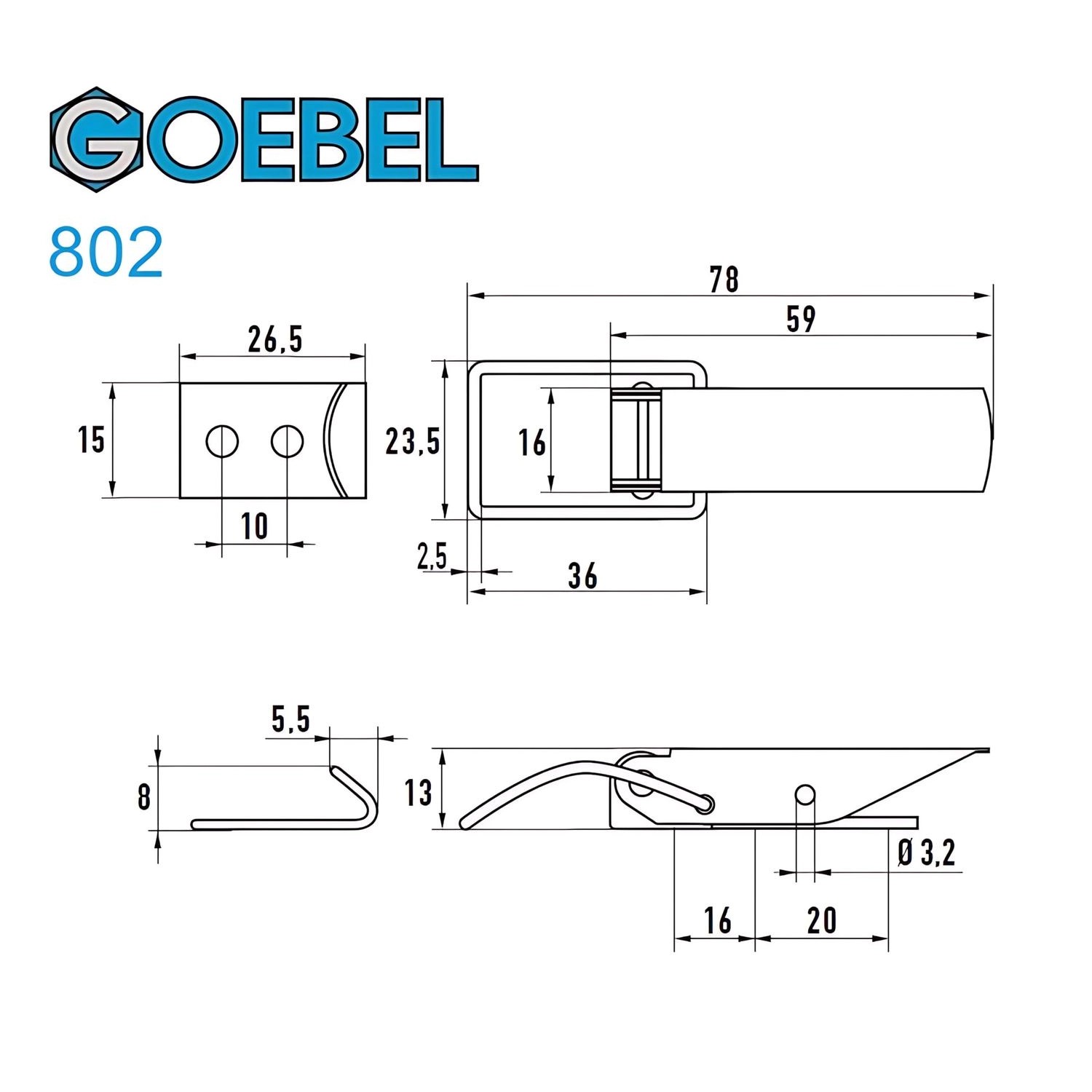 Technische Zeichnung Goebel 802 Spannverschluss, Stahl verzinkt, mit Maßen für Montage und Abmessungen.