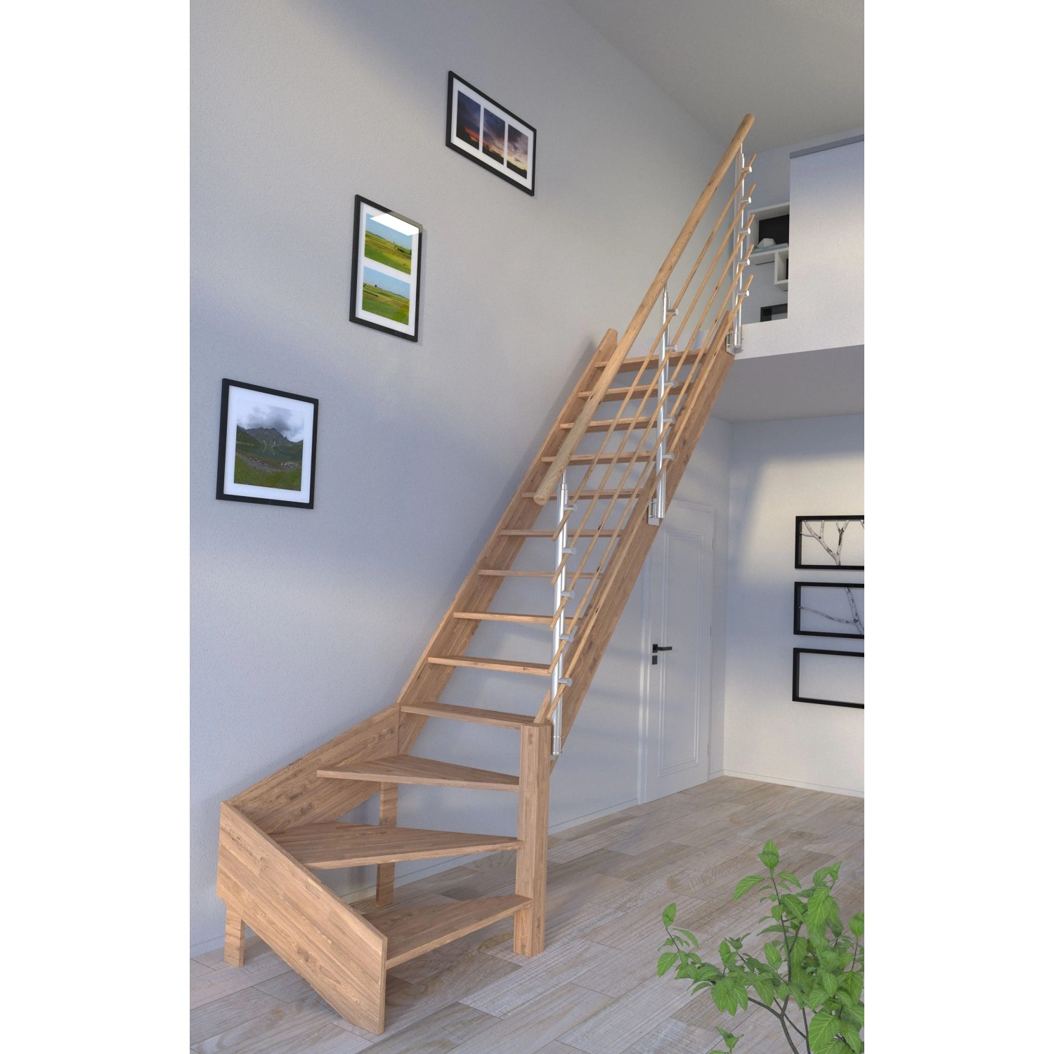 StarWood Treppe Rhodos Eiche, 1/4 gewendelt, mit Design-Geländer aus Holzstäben.
