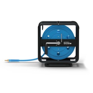 Güde Druckluftschlauchtrommel mit 30 m Schlauch auf einer blauen Trommel mit schwarzem Rahmen.