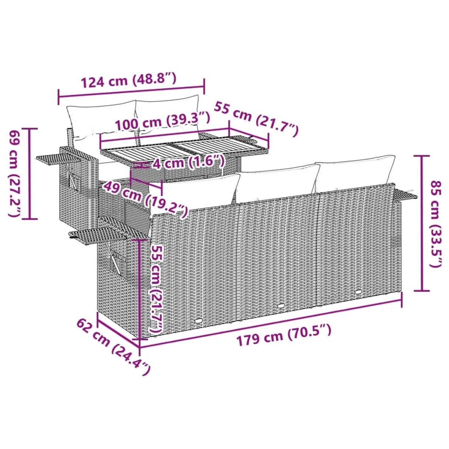 vidaXL Garten-Sofagarnitur, 6-teilig, beige Poly Rattan mit Kissen, Maße eingezeichnet.
