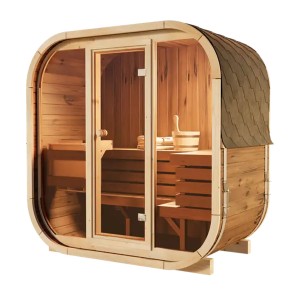 FinnTherm Fasssauna Ellipso M aus Thermoholz mit Glasfront und Dachschindeln.