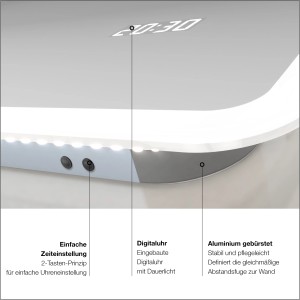 Detailansicht DSK Design LED-Lichtspiegel Silver Porto mit Digitaluhr und Bedienelementen.