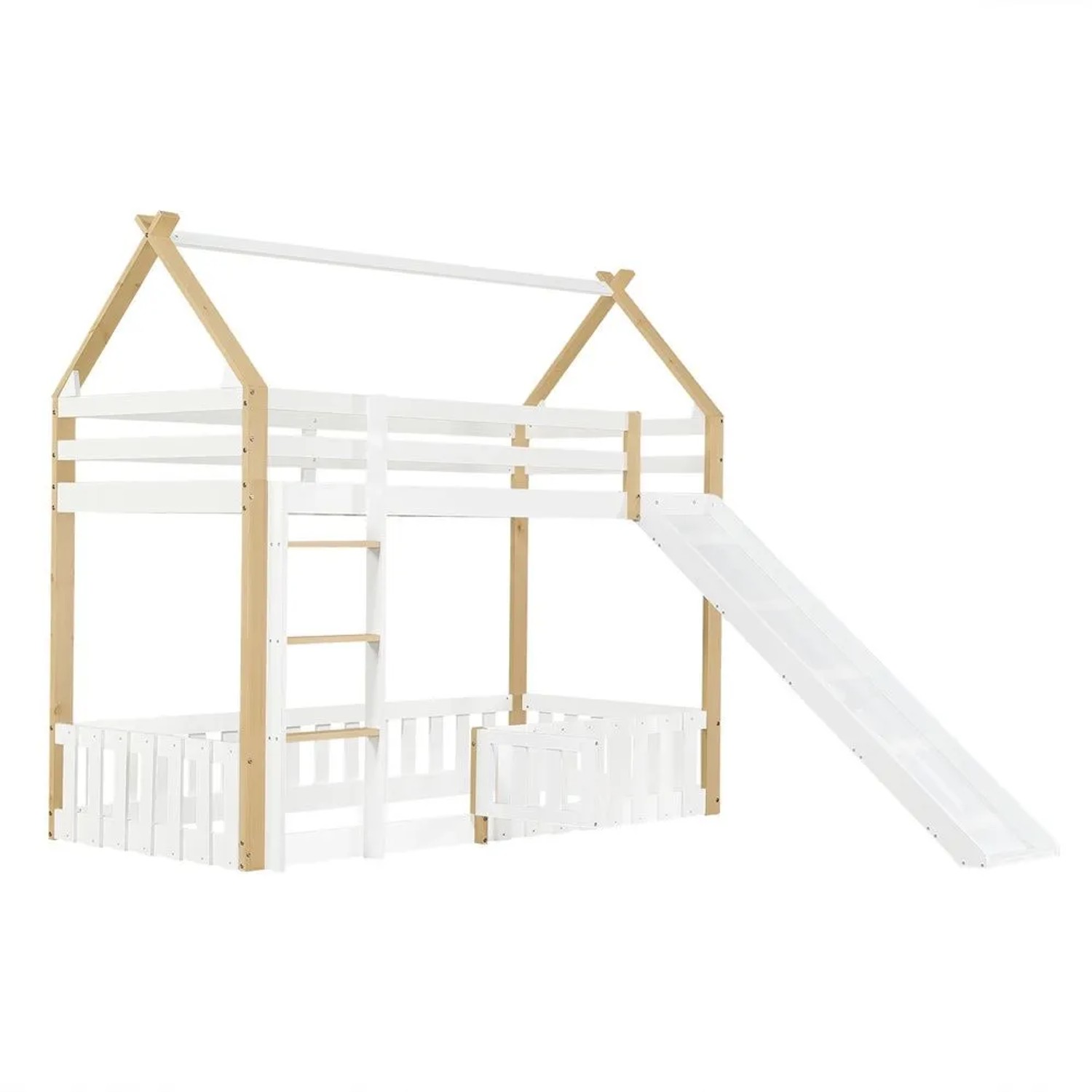 KOMHTOM Etagenbett  Kinderbett  90 x 200 Cm  Mit Rutsche  Lattenrost  Leiter  Offener Bereich Mit Schutzgitter  Kiefernholz + Sperrholz  Weiß + Natur