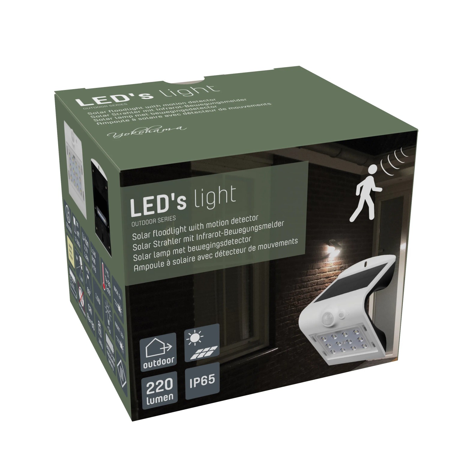 Verpackung der LED's Work Solar-Außenleuchte mit Sensor, 1,5W, 220lm, 3000K, Weiß.