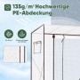 Weiße 135g/m² PE-Abdeckung des Sekey Foliengewächshauses mit UV- und Wetterschutz. Detail zeigt Wassertropfen.