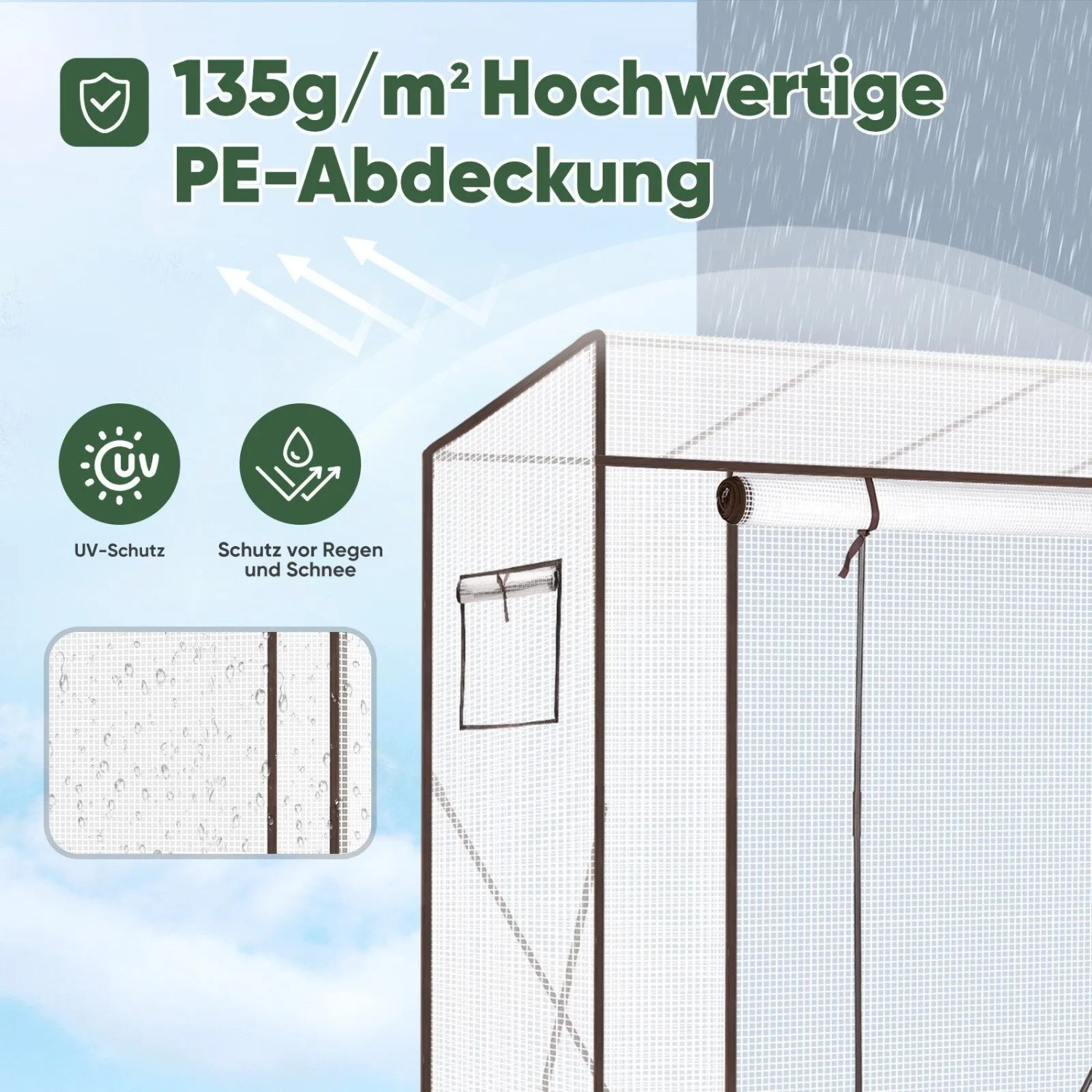 Weiße 135g/m² PE-Abdeckung des Sekey Foliengewächshauses mit UV- und Wetterschutz. Detail zeigt Wassertropfen.
