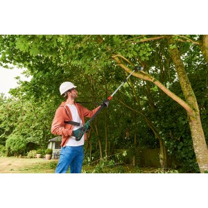 Mann schneidet Ast mit Bosch Akku-Hochentaster UniversalChainPole 18 im Garten.