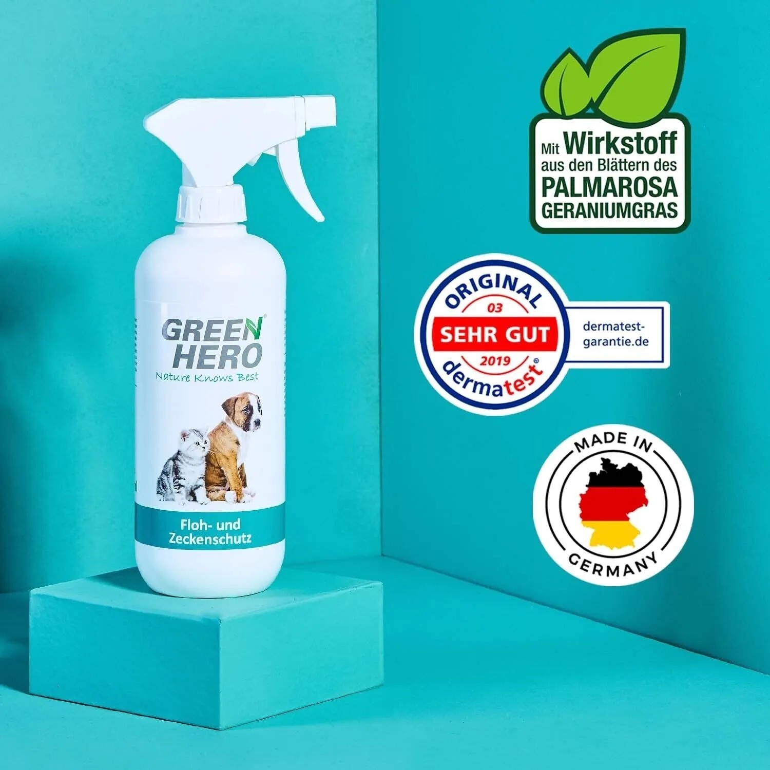 GreenHero Floh- und Zeckenspray für Hunde und Katzen. Wirksamer Schutz.