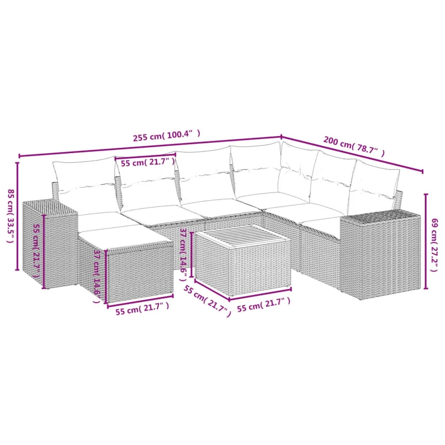 Graue 8-tlg. Garten-Sofagarnitur aus Polyrattan mit Tisch und Kissen.