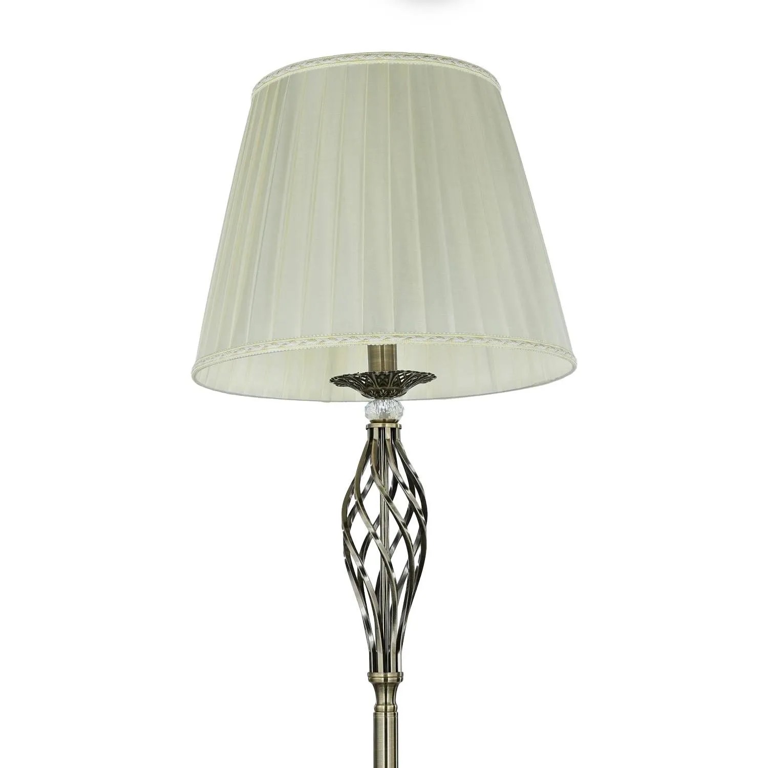 Elegante Stehlampe im Antik-Look: Beige Stoffschirm, Messing-farbenes Metallgestell, 165 cm hoch.