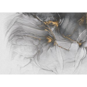 Komar Vliesfototapete Ink Gold Flow, abstrakte Marmor-Optik in Grau und Gold, 350x250 cm.