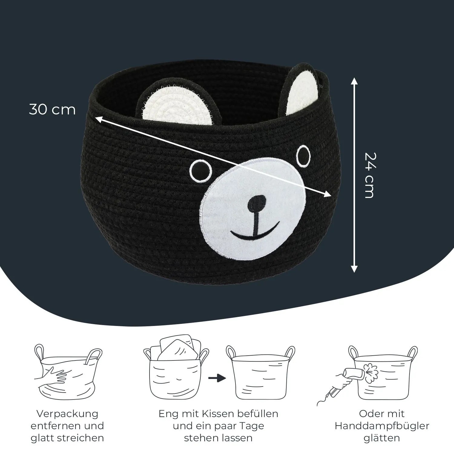 HMF 39021-30CM-02 Aufbewahrungskorb Versteckten Griffen Korb Kinderzimmer Baumwolle Bär 30 x 24 cm Schwarz_4