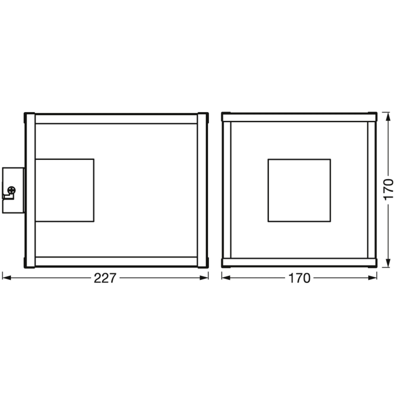 Technische Zeichnung der schwarzen Ledvance Decor Nairobi Wandlampe, 17 cm, mit Maßen.