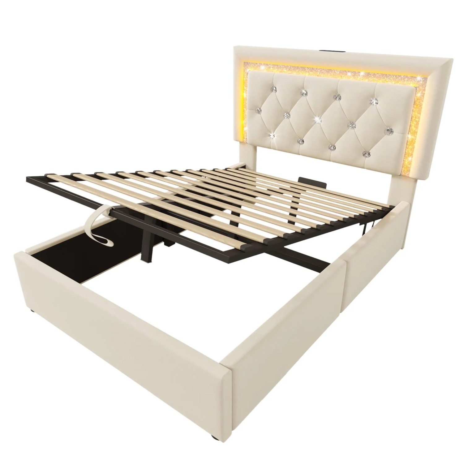 okwish Polsterbett 90x200cm mit LED Stauraum Jugendbett Beige ohne Matratze