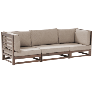 Beliani Gartensofa TRANI, taupefarben, 3-Sitzer aus Akazienholz mit Kissen.