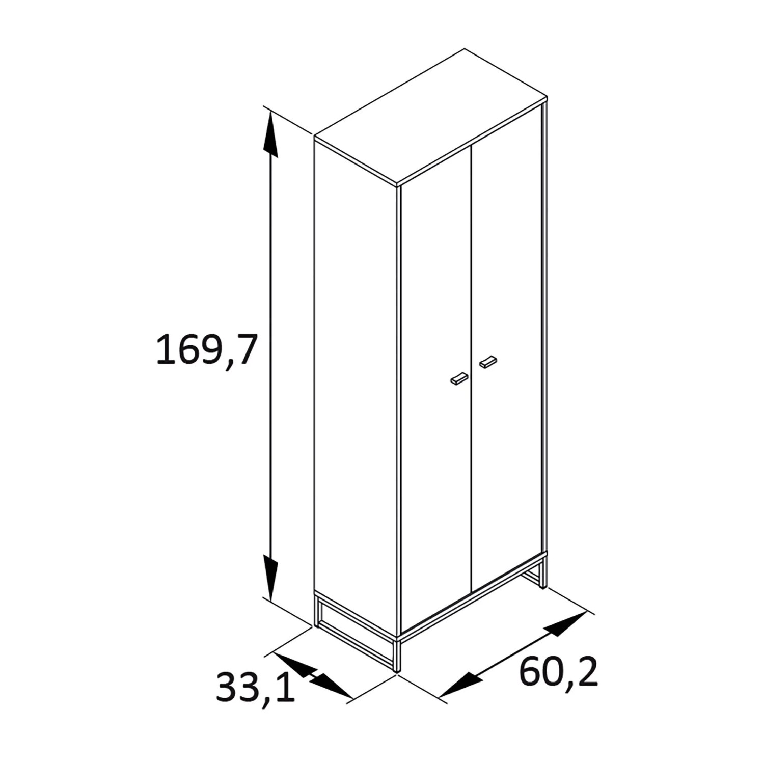 Schildmeyer Schuhschrank Janne 600 Schwarz Matt. Technische Zeichnung des schmalen Schranks mit zwei Türen und Maßen: 169,7x60,2x33,1 cm.