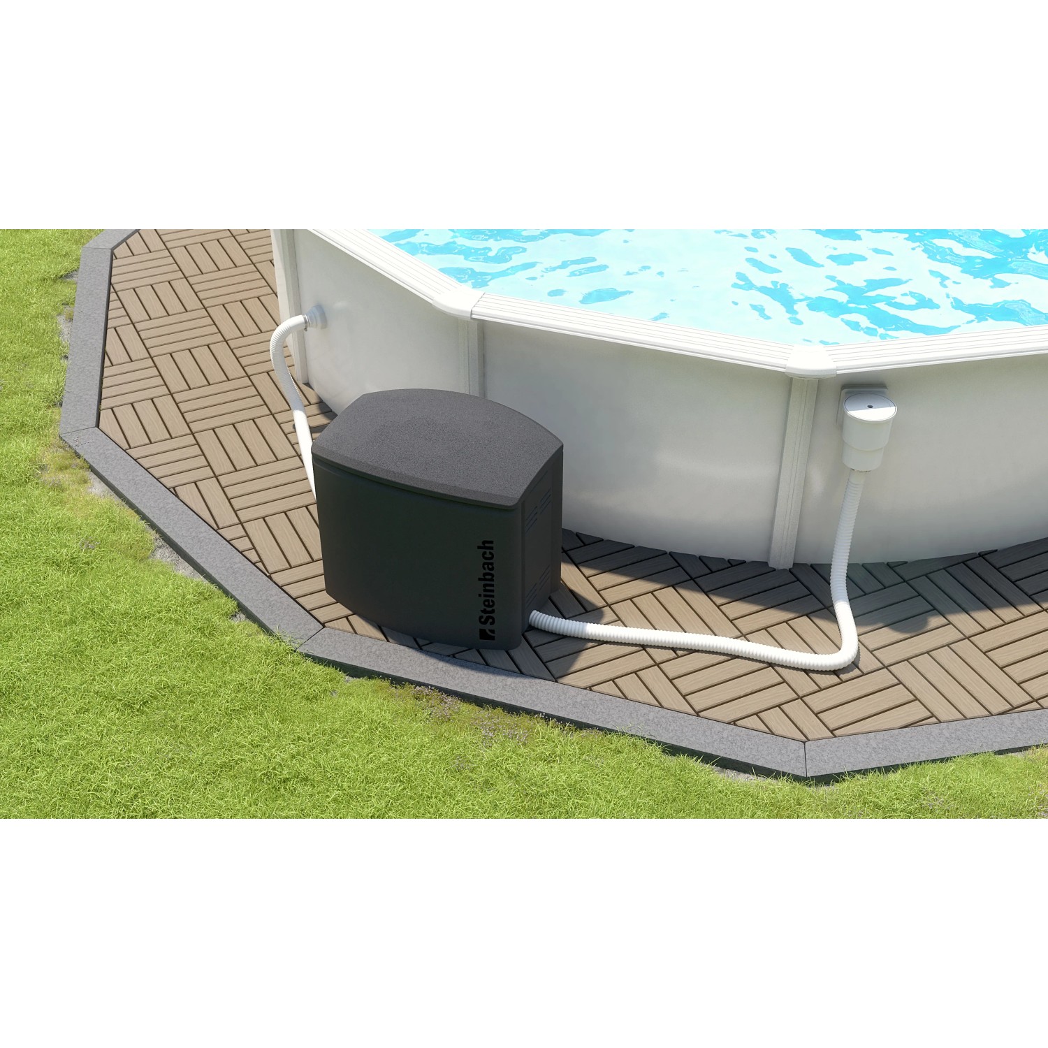 Steinbach Pool Technikbox neben Pool, schwarzes Gehäuse für Pooltechnik im Garten.