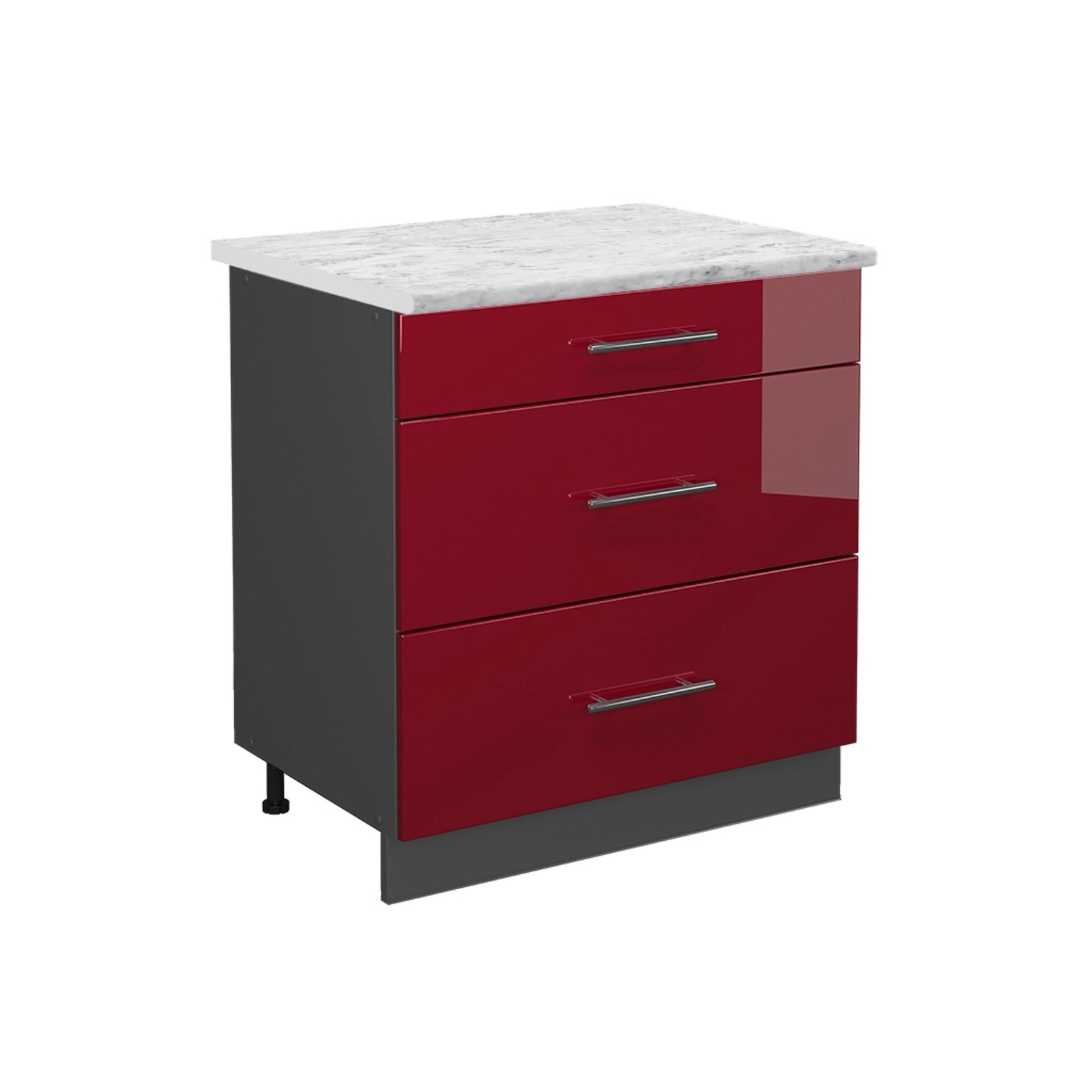Vicco Küchenunterschrank Fame-Line Bordeaux Hochglanz/Anthrazit 80 cm mit 3 Schubladen AP Marmor