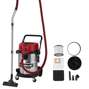 Einhell Nass-Trockensauger TE-VC 5090 SACL mit 50L Edelstahlbehälter, rotem Deckel, Schlauch, Rohr und Zubehör.