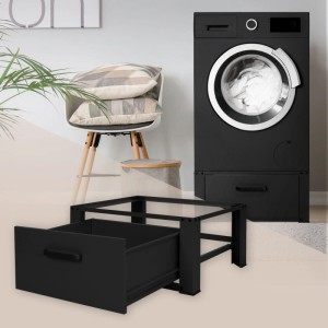 Schwarzes ML-Design Waschmaschinen Untergestell mit ausziehbarer Schublade für ergonomische Höhe und Stauraum.
