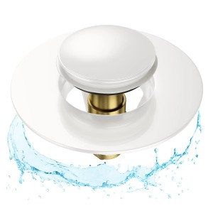 Weißer Sanilo Pop Up Waschbeckenstöpsel mit Wasser.