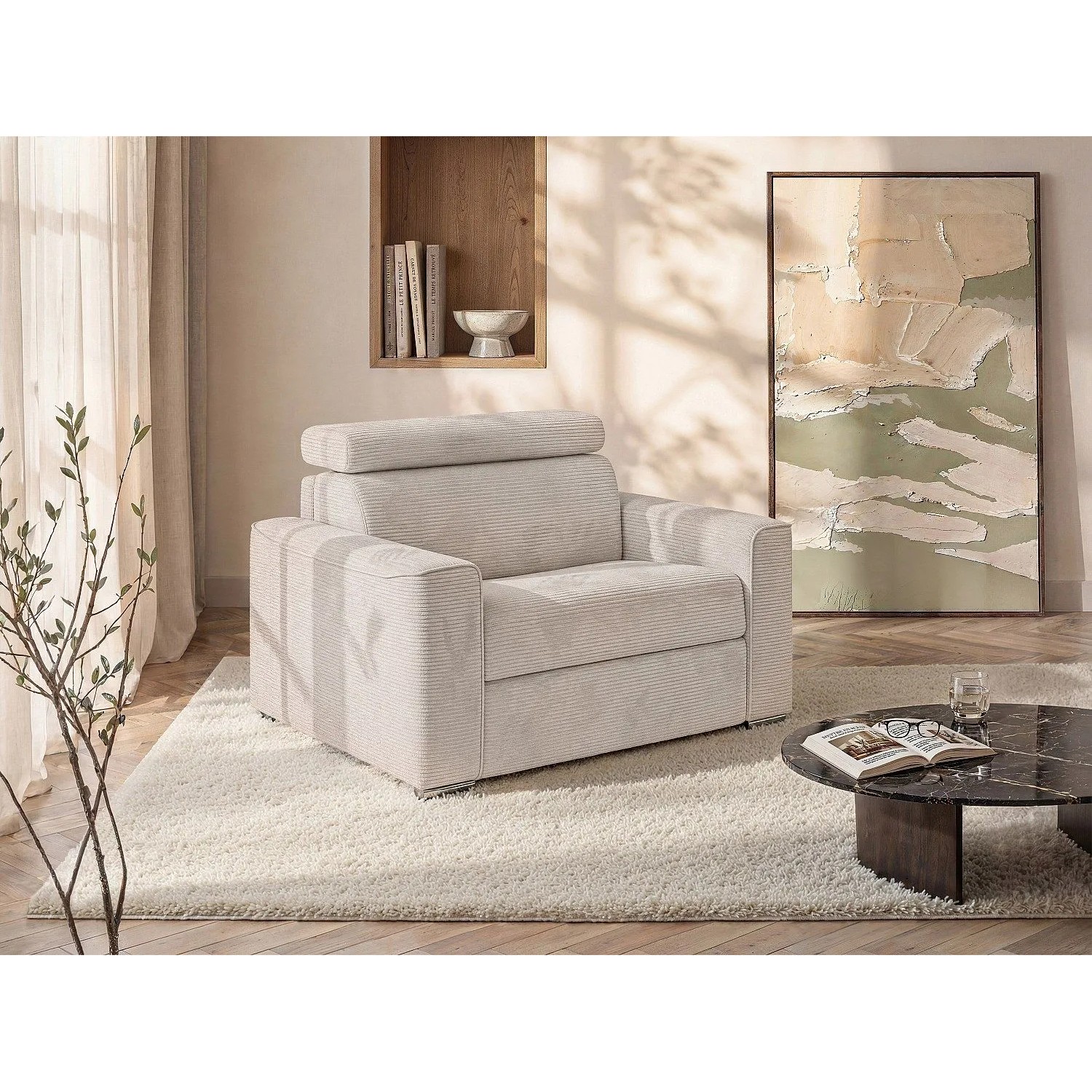 Beiger Vente-unique Schlafsessel Vizir aus Cord-Samt im modernen Wohnzimmer. Kompakter Relaxsessel, 127 cm breit.