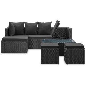 Schwarzes 4-tlg. vidaXL Garten Lounge Set aus Polyrattan mit Tisch, Ecksofa und Hockern.