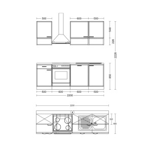 Maßzeichnung der Flex-Well Küchenzeile Creso 220 cm mit Herd, Kochfeld, Spüle, Geschirrspüler und Dunstabzugshaube.