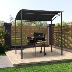 Anthrazitfarbener BBQ-Pavillon (215x150x220 cm) aus Stahl mit Stoffdach und Haken für Grillzubehör.