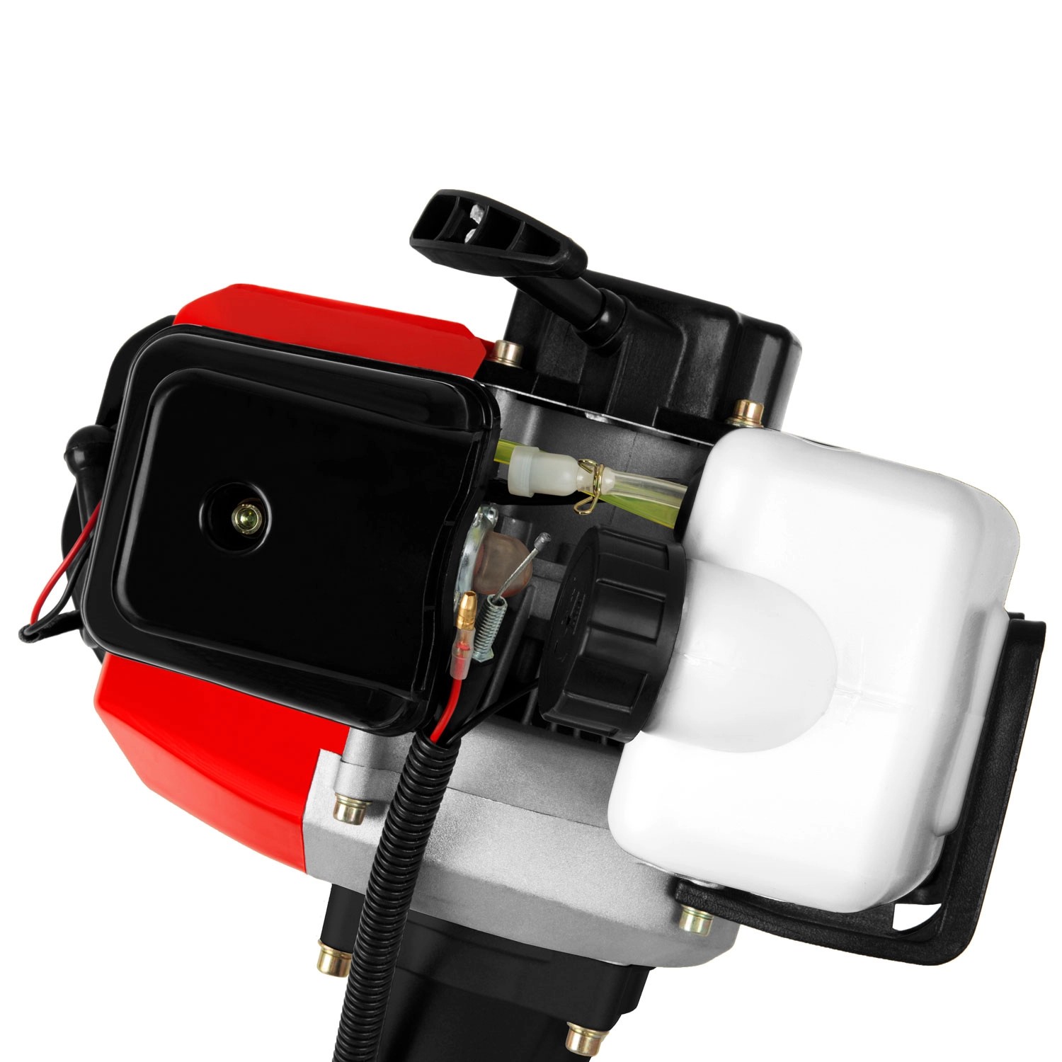 Detailaufnahme des Motors der EBERTH Benzin Motorsense mit Tank und Luftfilter.