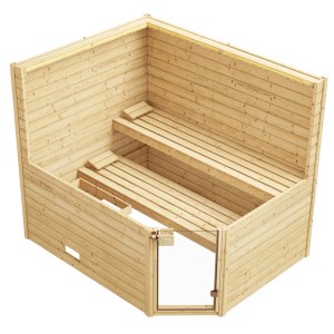 Weka Massivholzsauna Valida Eck mit Glastür, 9 kW Ofen Sparset. Fichtenholz, Eckeinstieg.