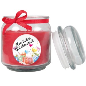 Rote HS Candle Duftkerze im Glas mit Schleife und Geburtstagsmotiv.